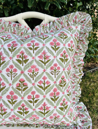 Light rose and green floral trellis block print ruffle pillow cover