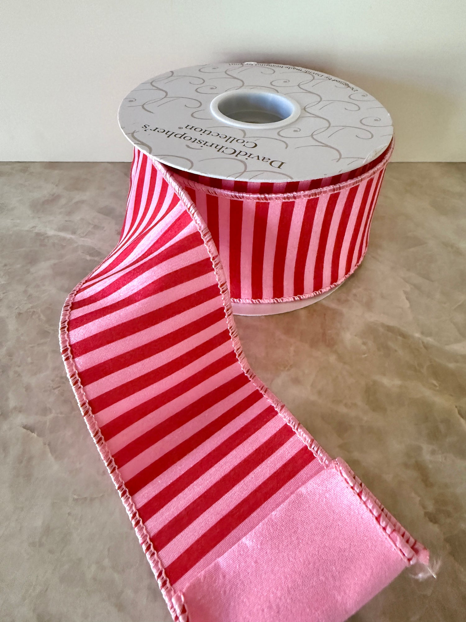 Pink and red striped ribbon by the roll, 2.5” x 10 yards