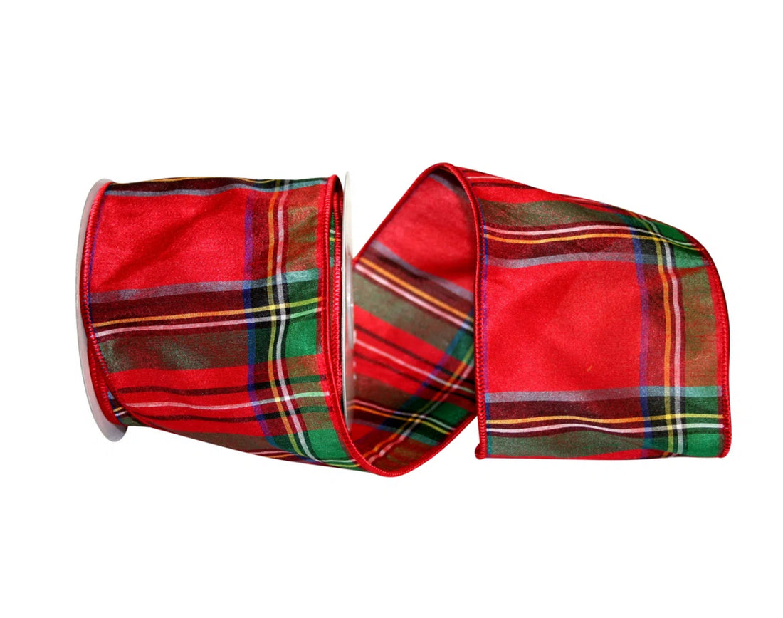 Christmas red tartan plaid ribbon backed in luxe red dupioni