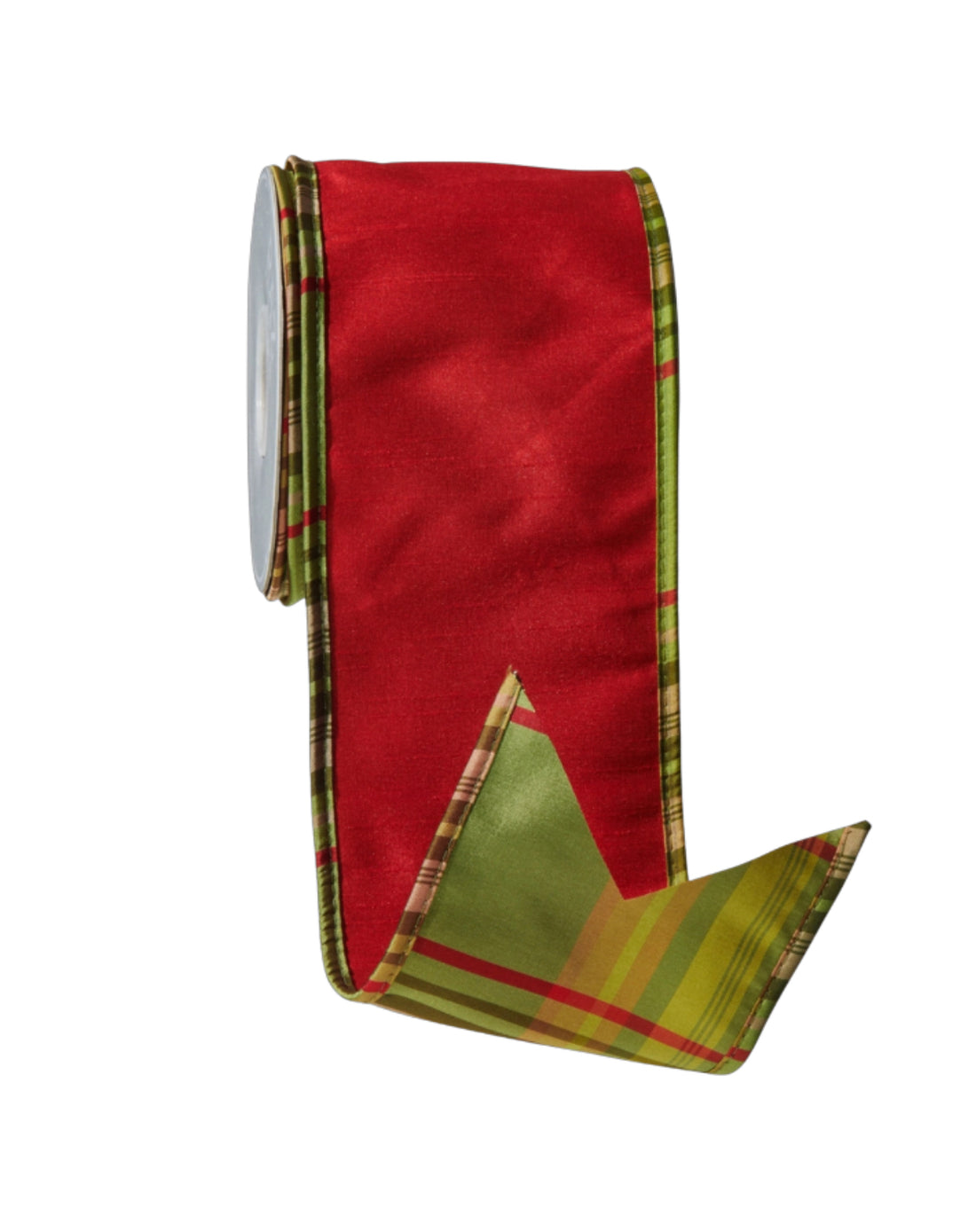 Apple green plaid and red dupioni double sided ribbon by the roll, 4”x10 yards