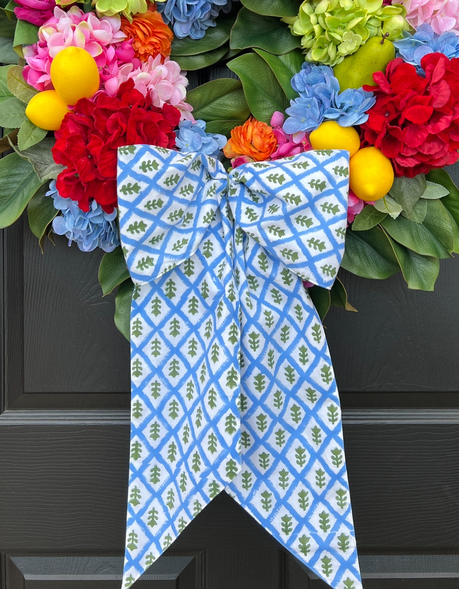Blue block print wreath sash, available with monogram