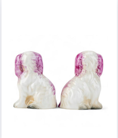 Mini pink porcelain Staffordshire dogs with flower baskets figurine pair