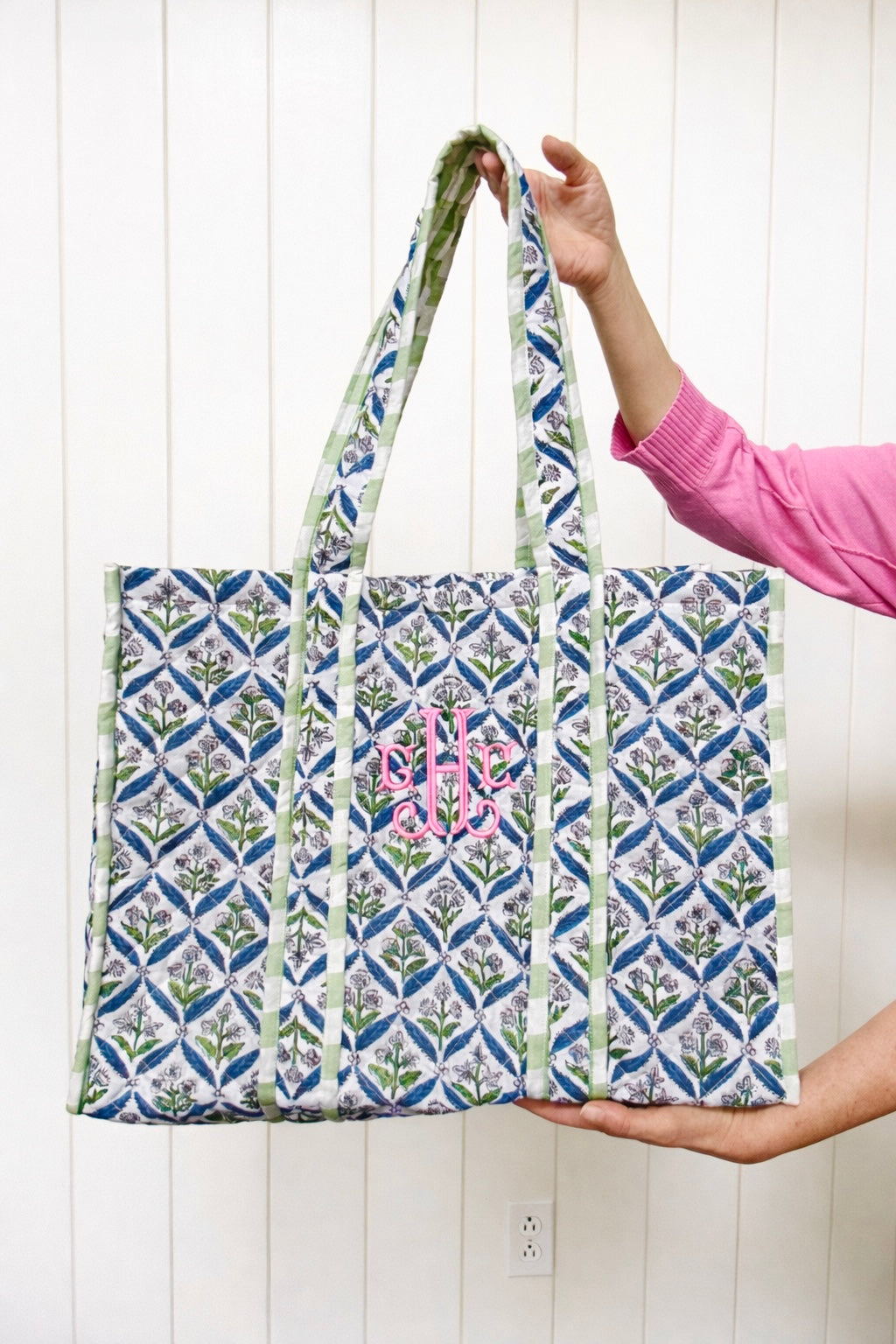 Blue and green quilted block print oversized tote bag monogram available
