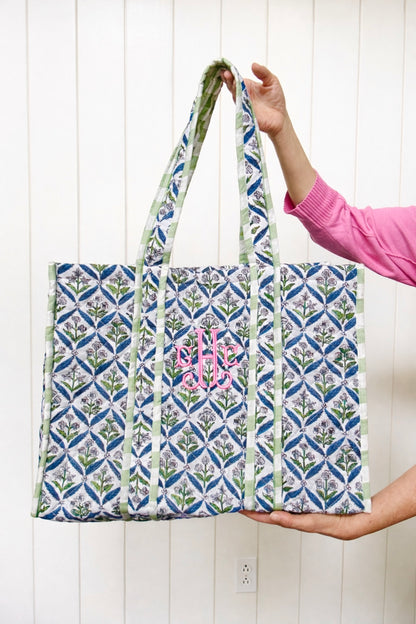 Blue and green quilted block print oversized tote bag monogram available