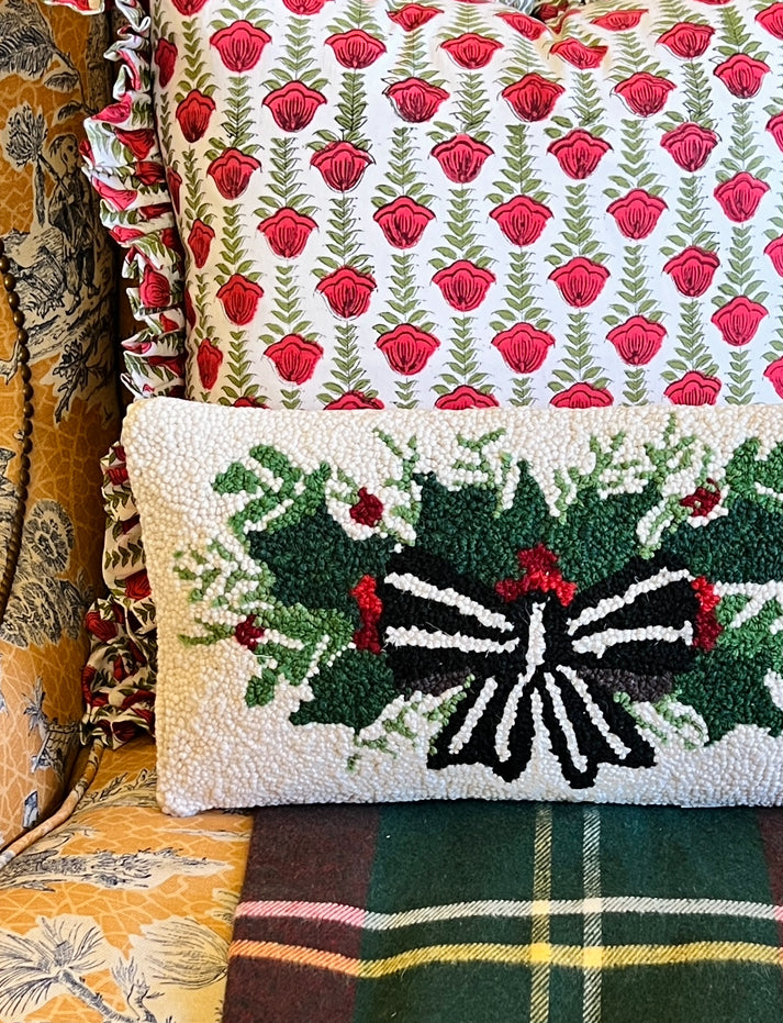 Striped bow and red berries hand hooked lumbar pillow