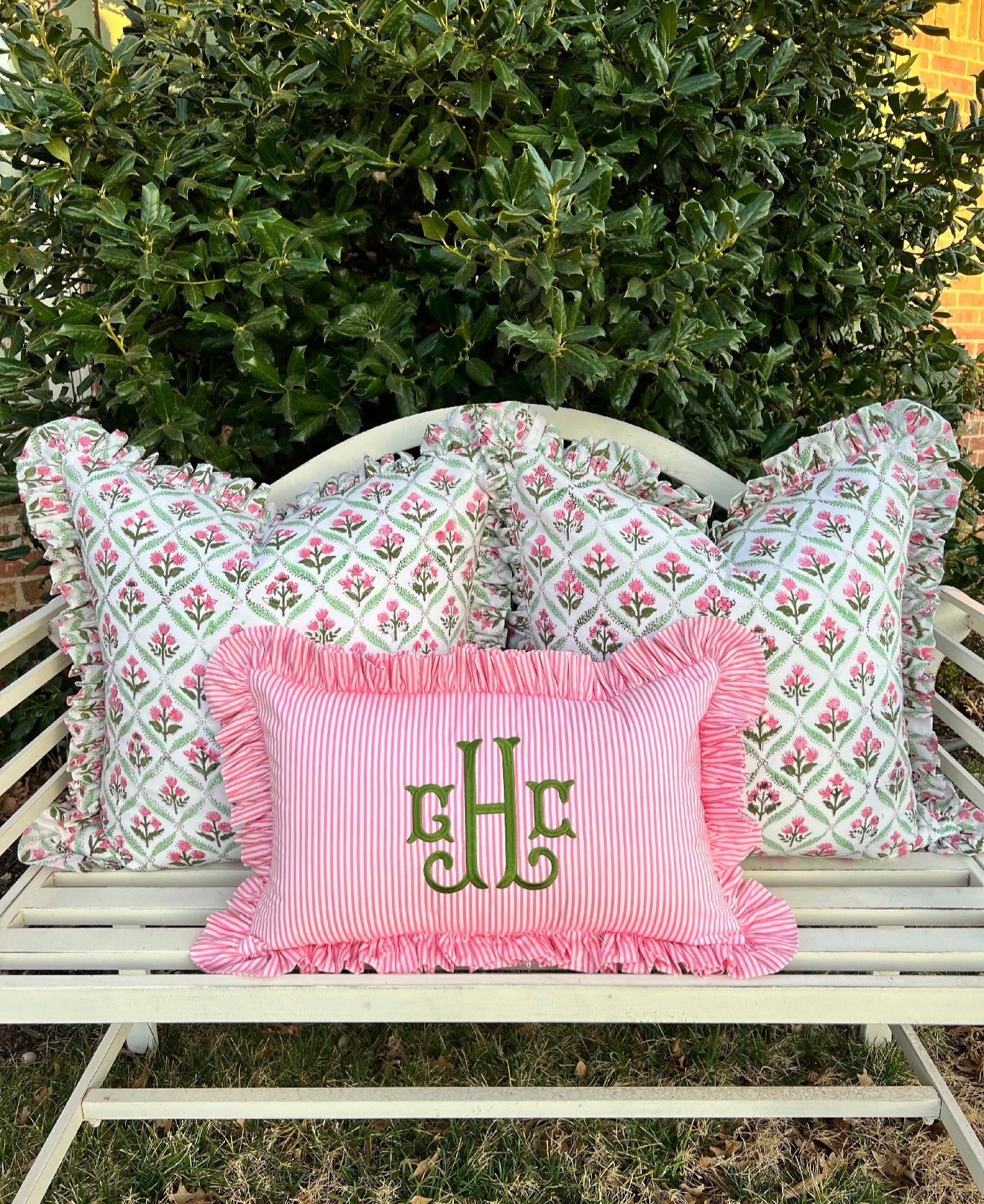 Light rose and green floral trellis block print ruffle pillow cover