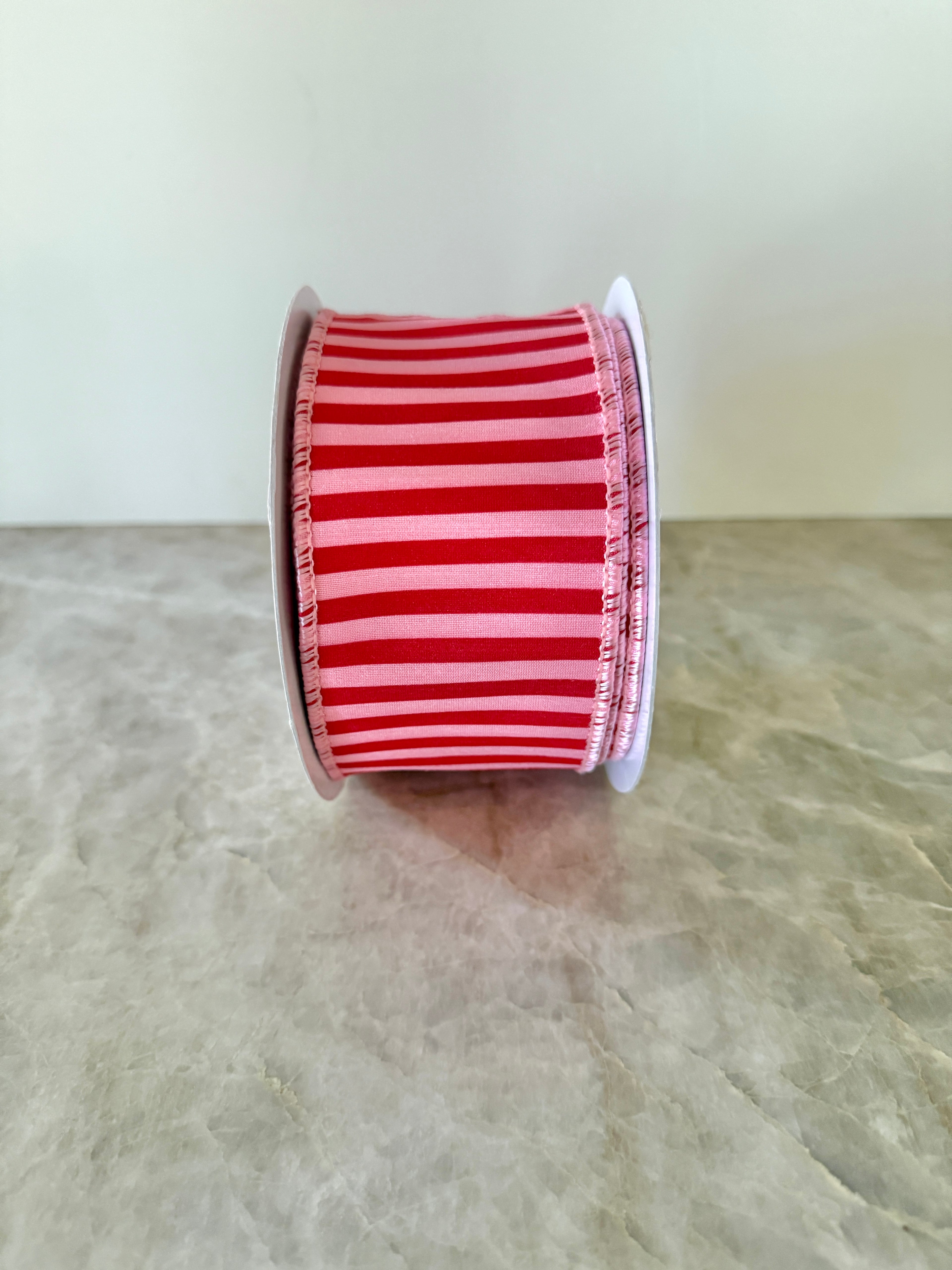 Pink and red striped ribbon by the roll, 2.5” x 10 yards