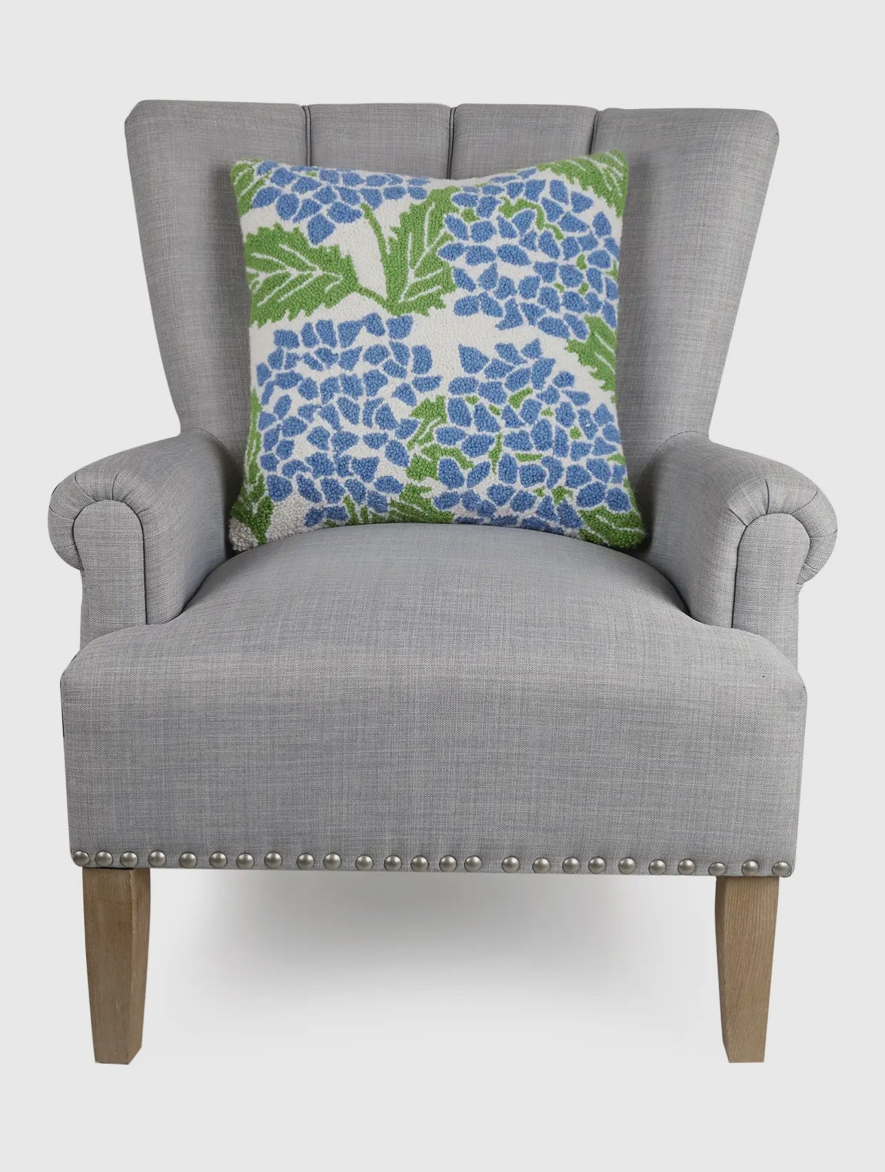 Hooked wool blue hydrangea pillow