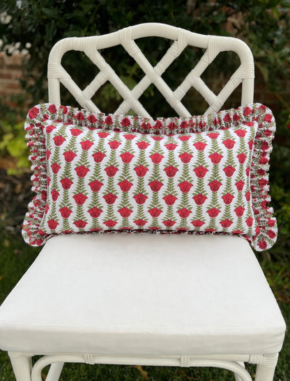 Red tulip block print floral pillow cover with ruffle trim