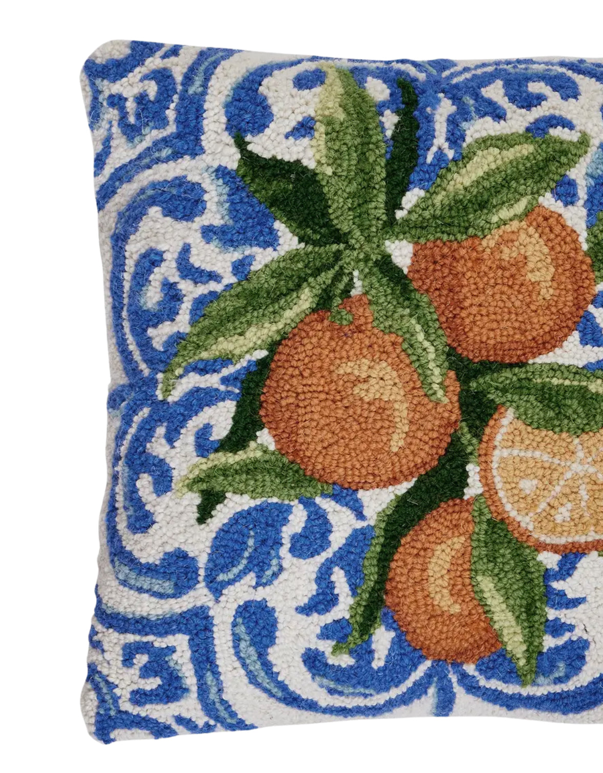 Mediterranean oranges hand hooked pillow