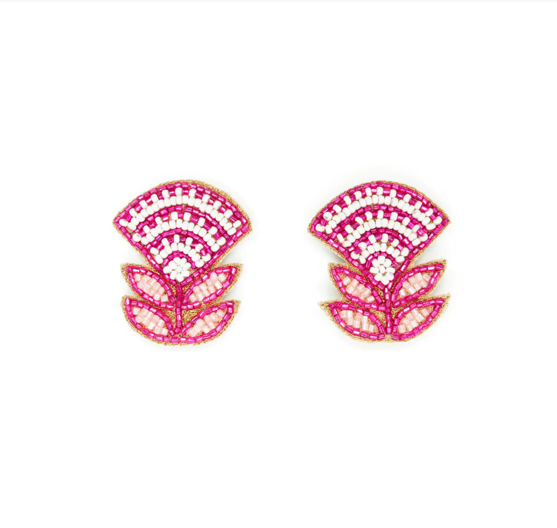Block print flower earrings in Fuchsia