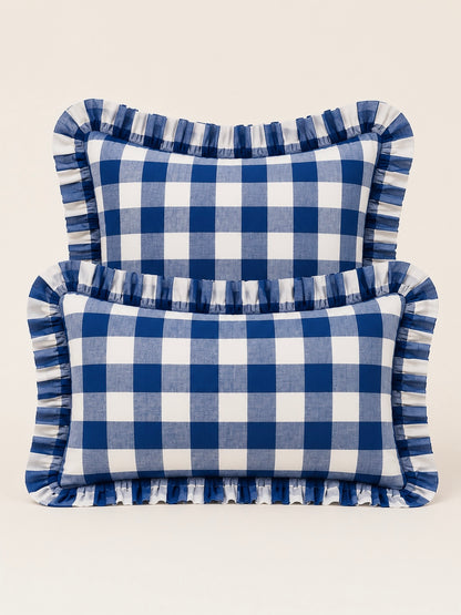 Blue buffalo check ruffle pillow cover