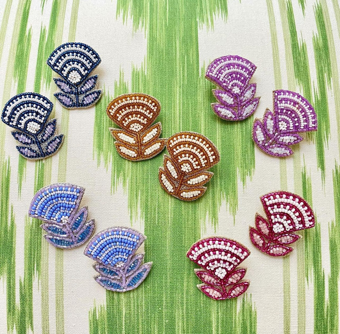 Block print flower earrings in navy blue