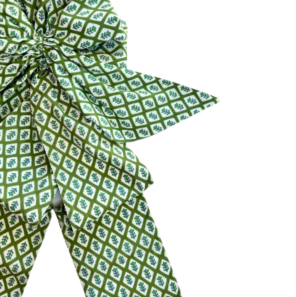 Green block print holiday tree topper bow