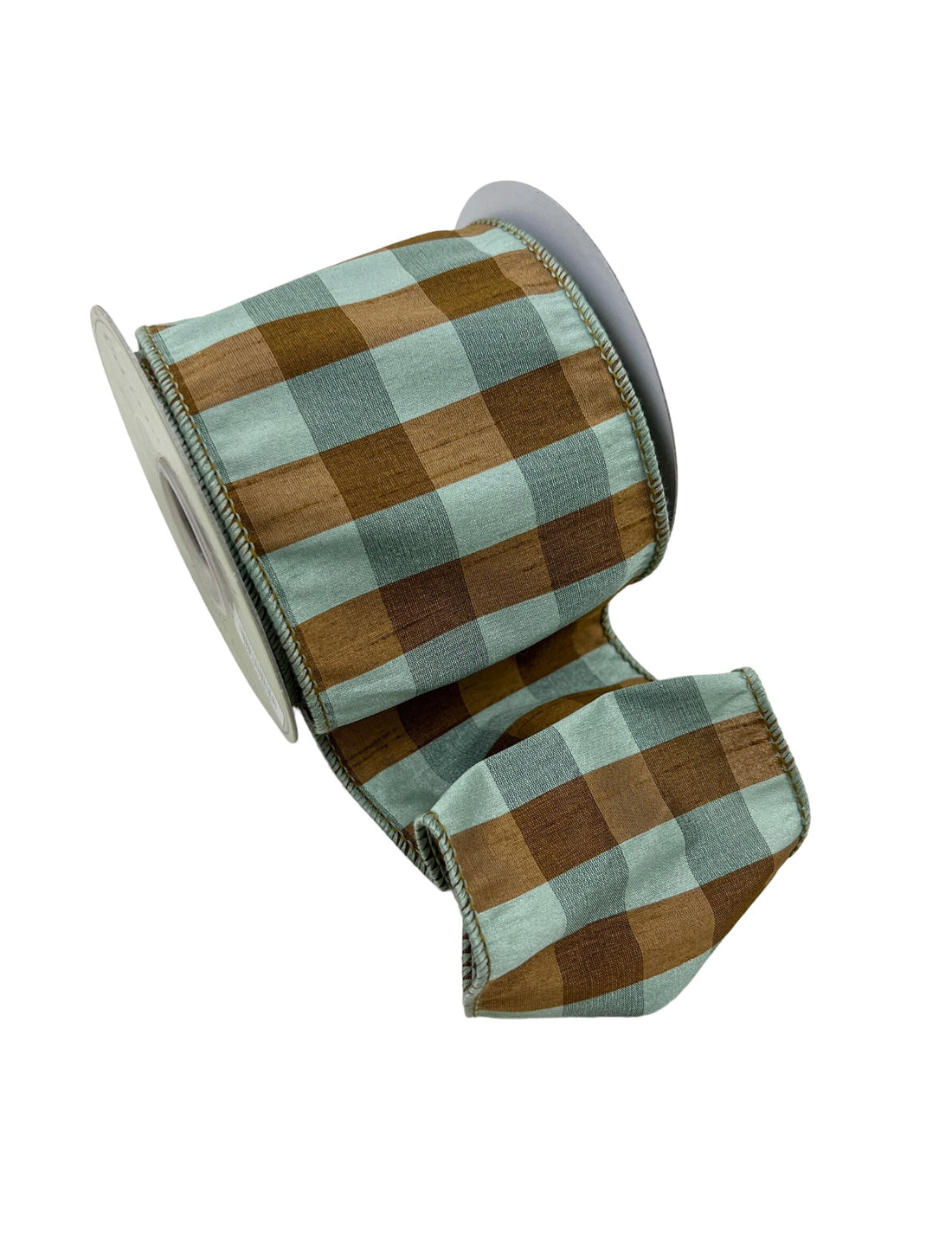 Spa blue and bronze gingham check luxury wired ribbon by the roll