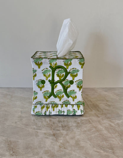 Moss green floral block printed ruffle tissue cover, custom monogram available