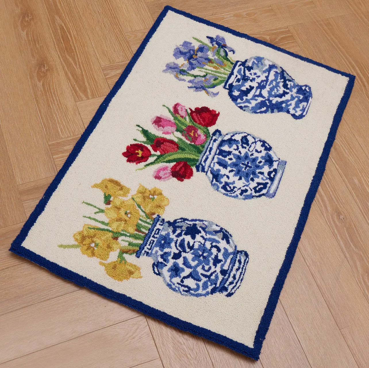 Flowers in chinoiserie cachepots hooked rug