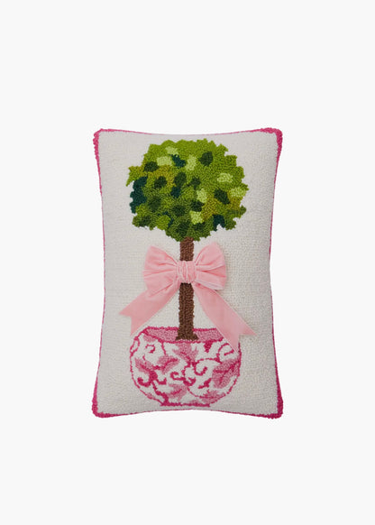 Pink chinoiserie hooked wool topiary pillow