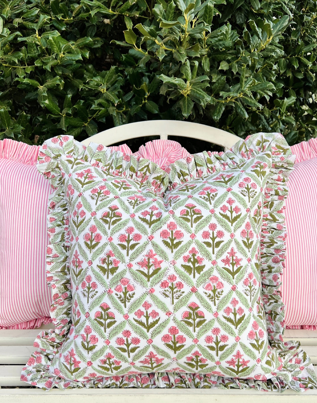 Light rose and green floral trellis block print ruffle pillow cover