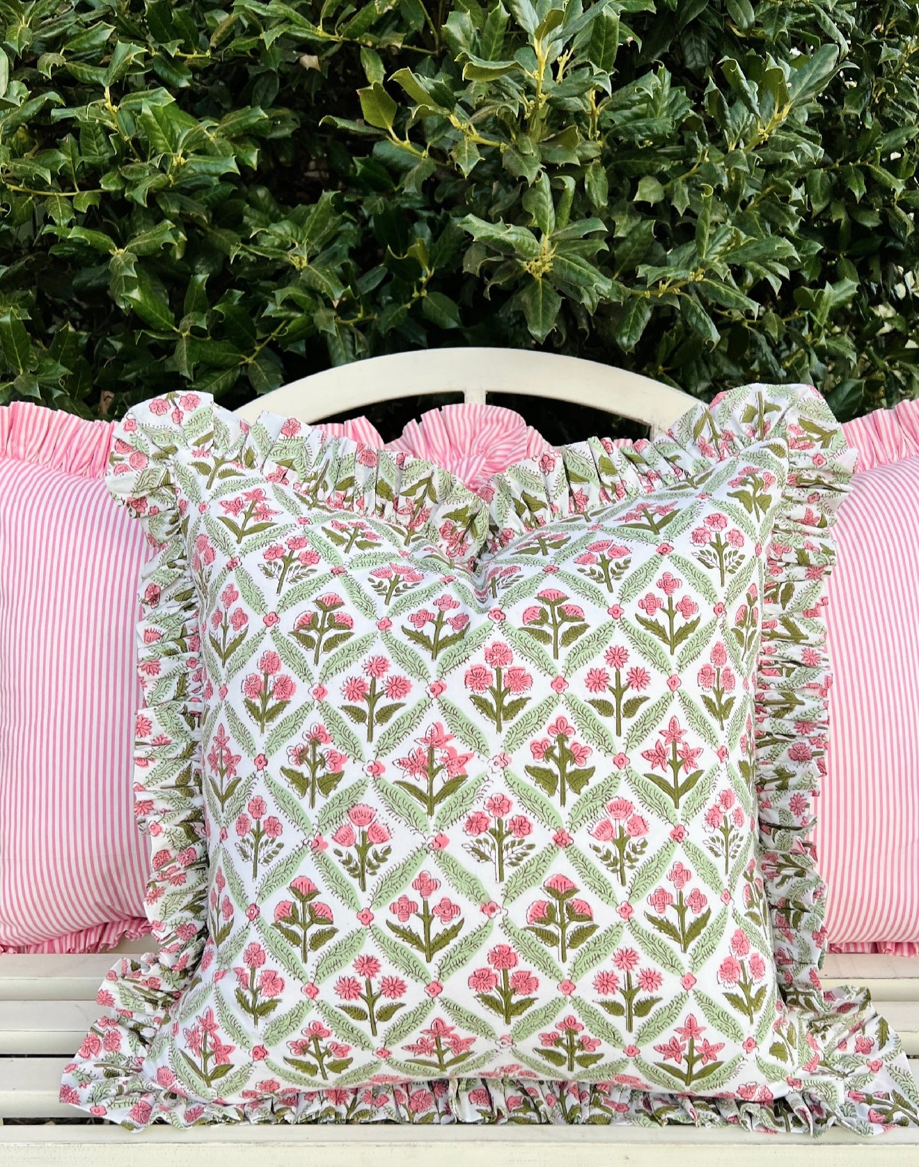Light rose and green floral trellis block print ruffle pillow cover