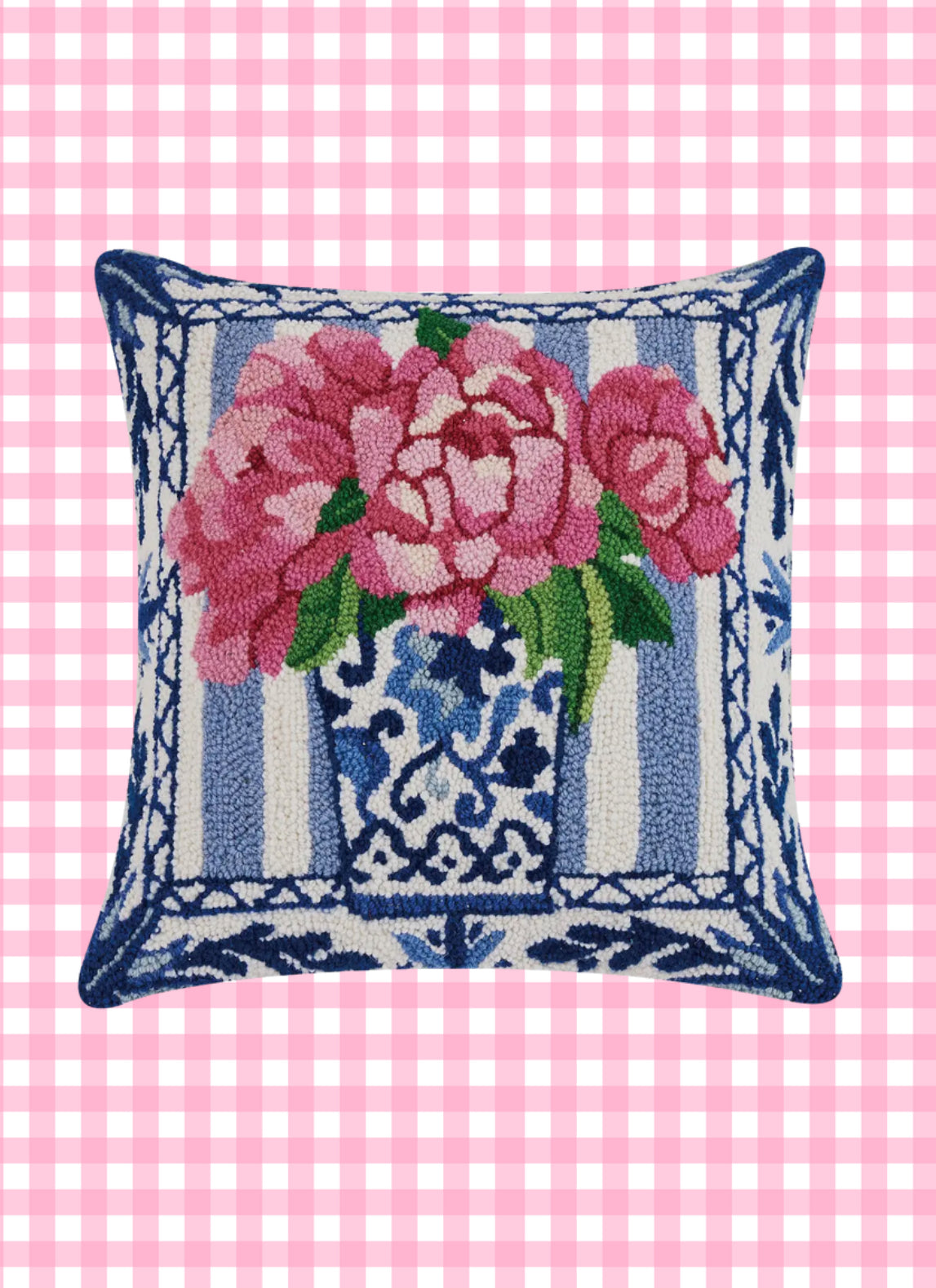 Chinoiserie and pink peonies on blue stripes pillow