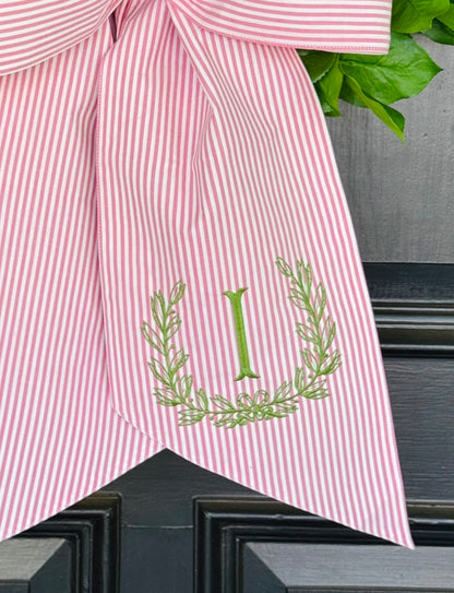 Pink striped jumbow wreath sash monogram available
