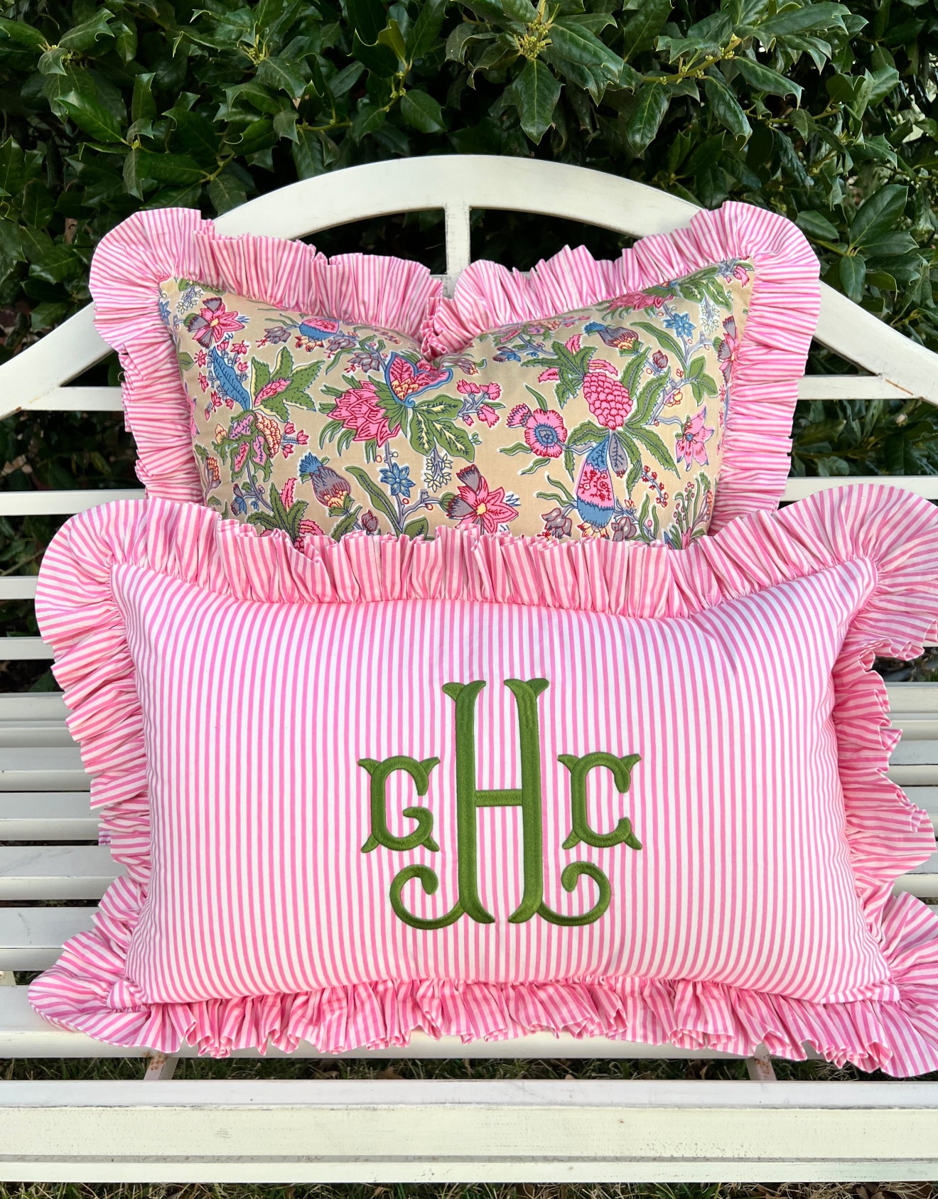 Gigi floral pillow cover with pink striped ruffle trim, 3 colors