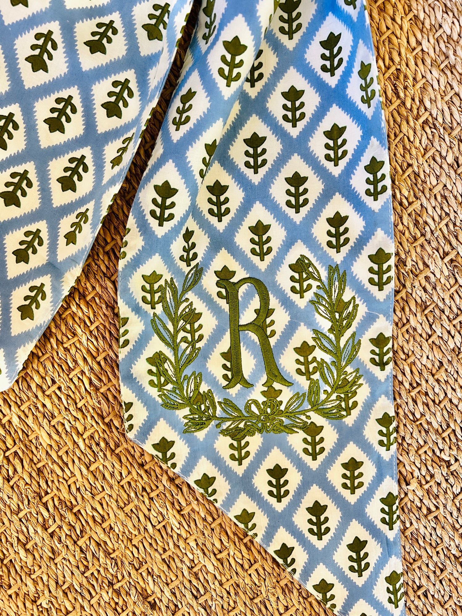 Blue block print wreath sash, available with monogram