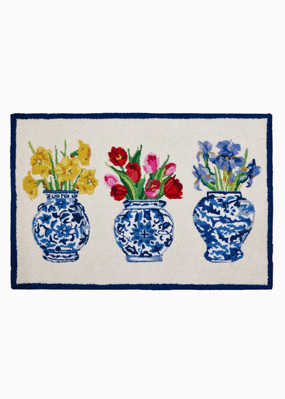 Flowers in chinoiserie cachepots hooked rug