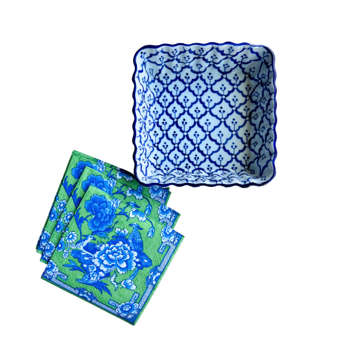 Blue and white cocktail napkin caddy, catch all tray