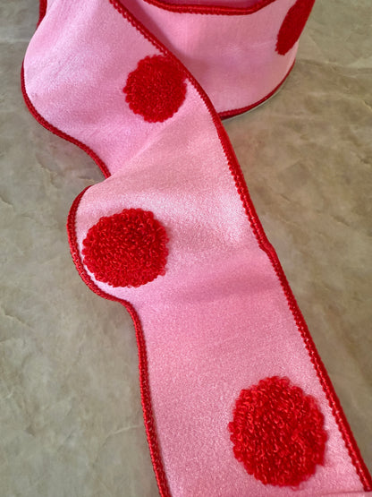 Pink and red pom pom polka dot ribbon by the roll, 2.5” x 10 yards