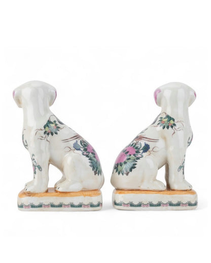 Pink floral Rose Medallion porcelain Staffordshire dog pair 7.5”