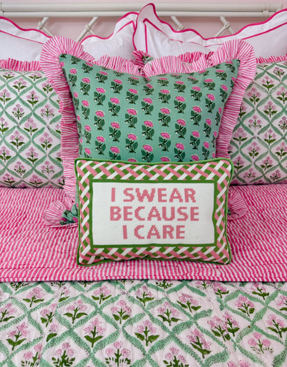 Needlepoint pillow, pink and green “I swear because I care”