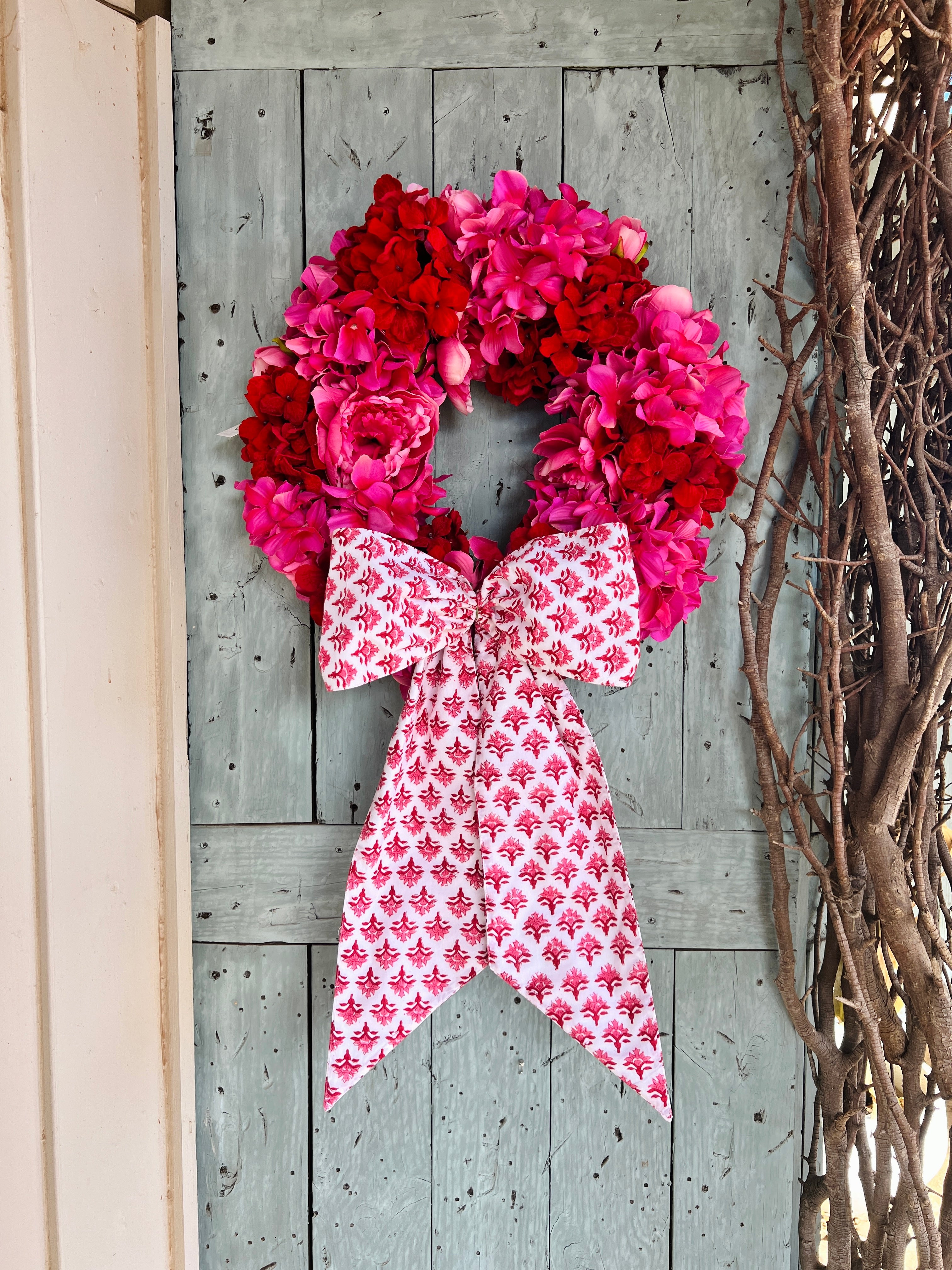 Red block print wreath sash