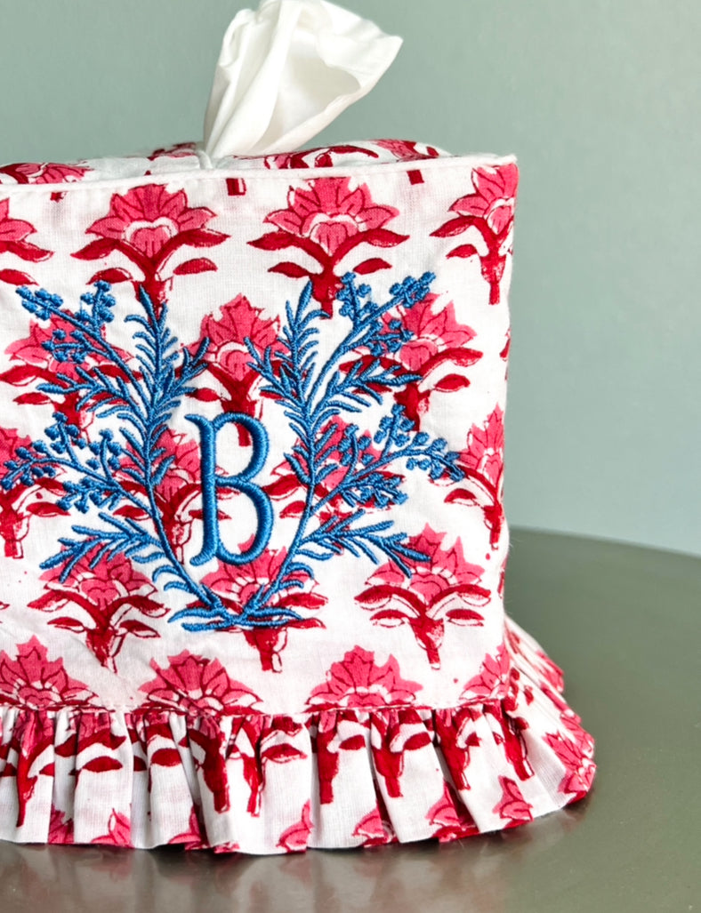 Red and pink block orint ruffle tissue cover, custom monogram available