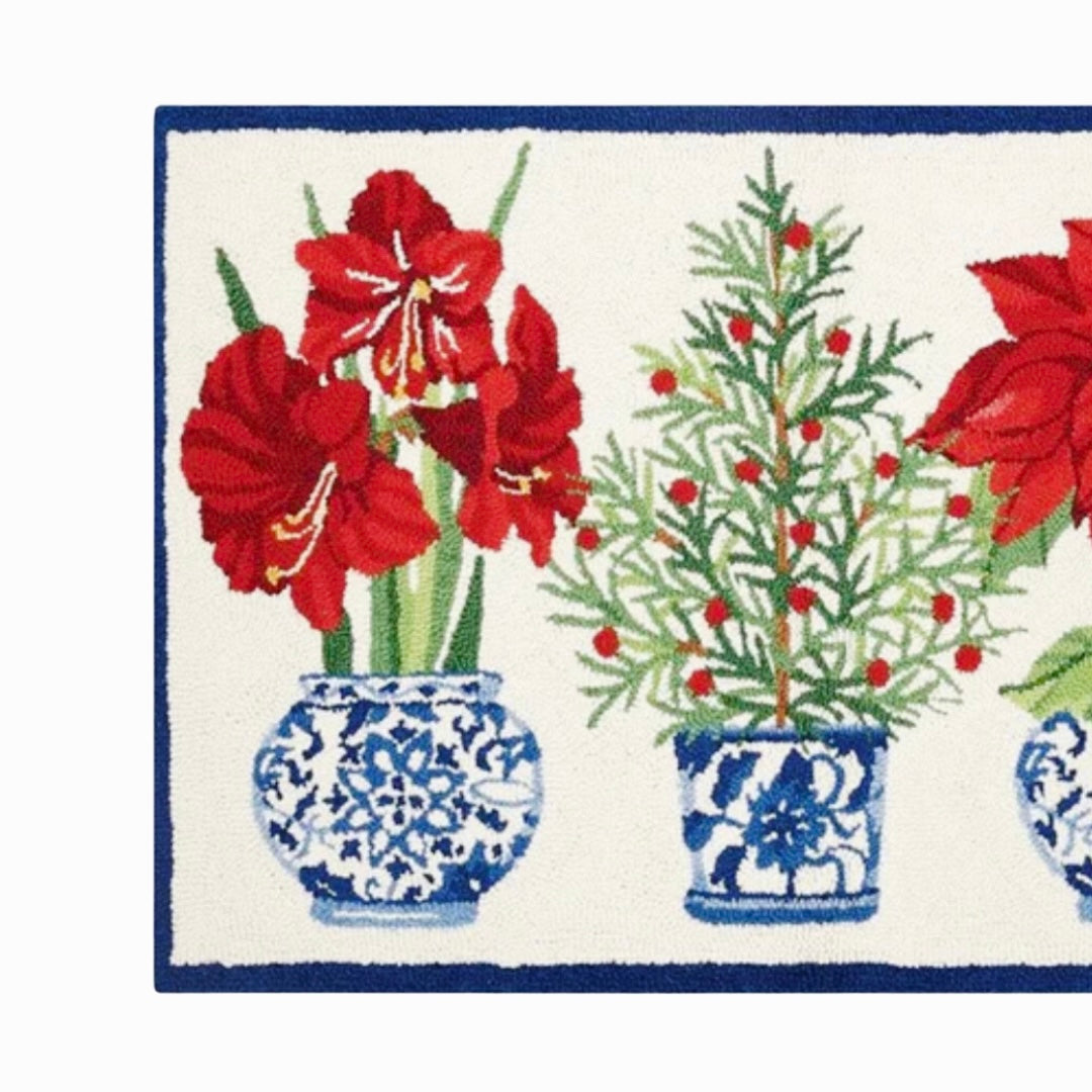 Holiday amaryllis and poinsettia chinoiserie accent rug