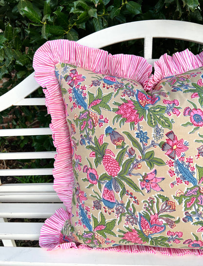 Gigi floral pillow cover with pink striped ruffle trim, 3 colors