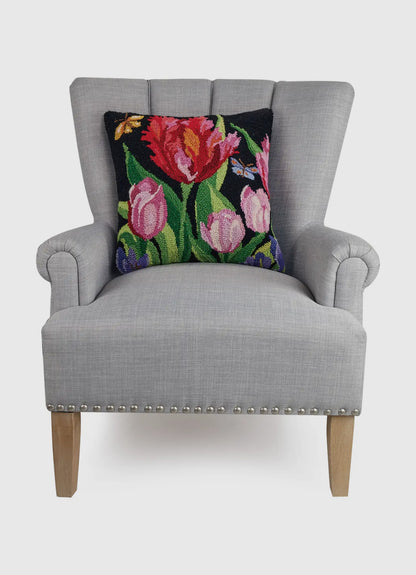 Bright tulips on black hand hooked pillow