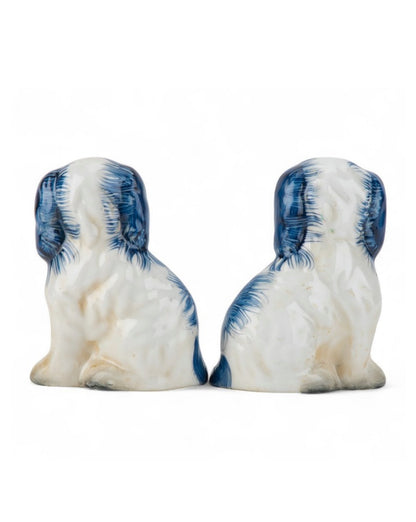 Mini blue porcelain Staffordshire dogs with flower baskets figurine pair
