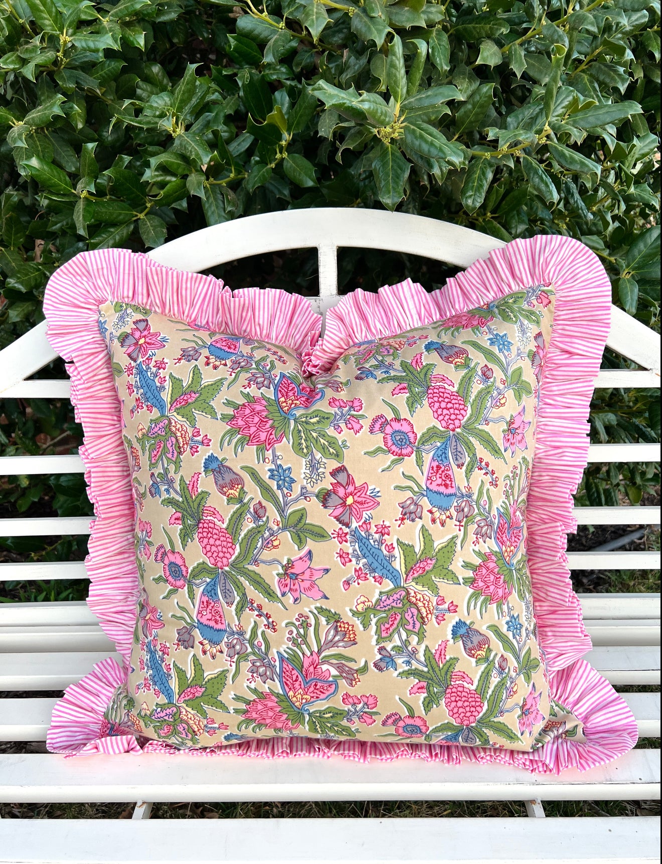 Gigi floral pillow cover with pink striped ruffle trim, 3 colors