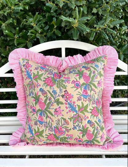 Gigi floral pillow cover with pink striped ruffle trim, 3 colors