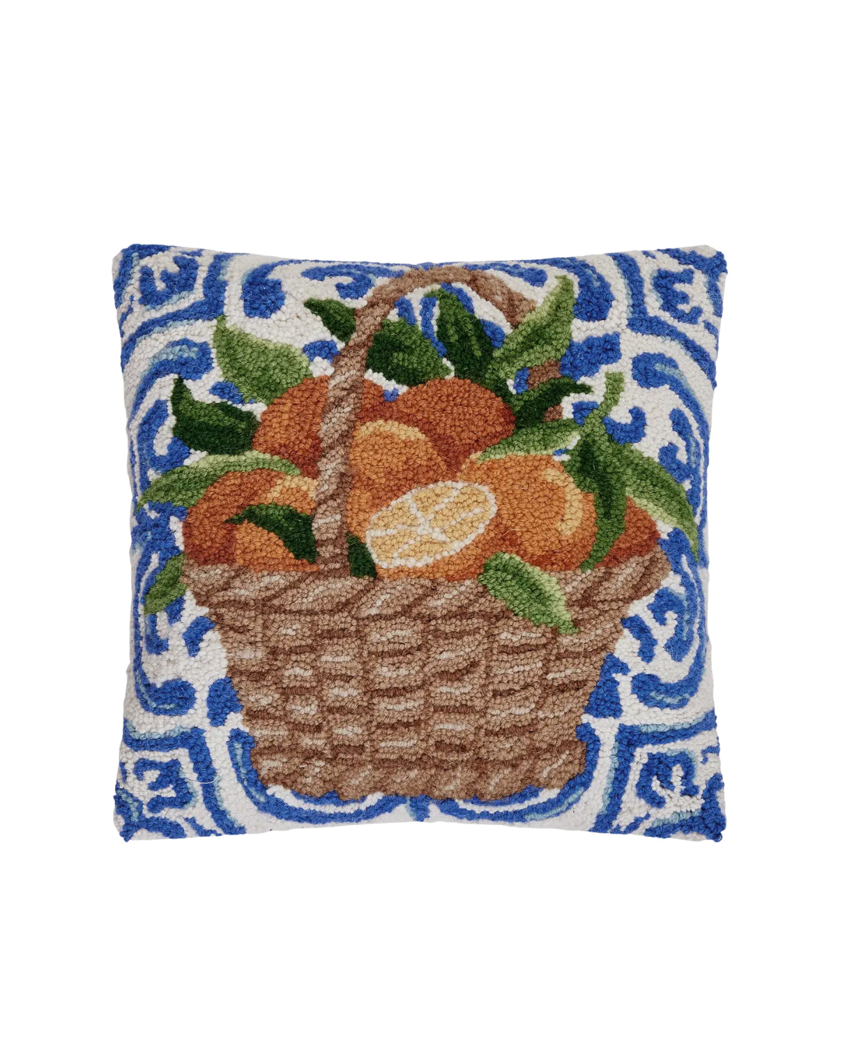 Mediterranean oranges in basket hand hooked pillow