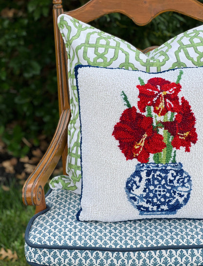 Holiday chinoiserie potted amaryllis hooked wool pillow