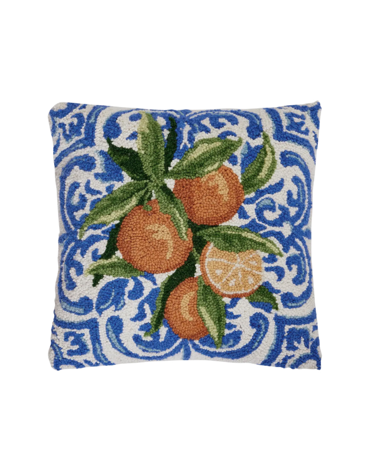 Mediterranean oranges hand hooked pillow