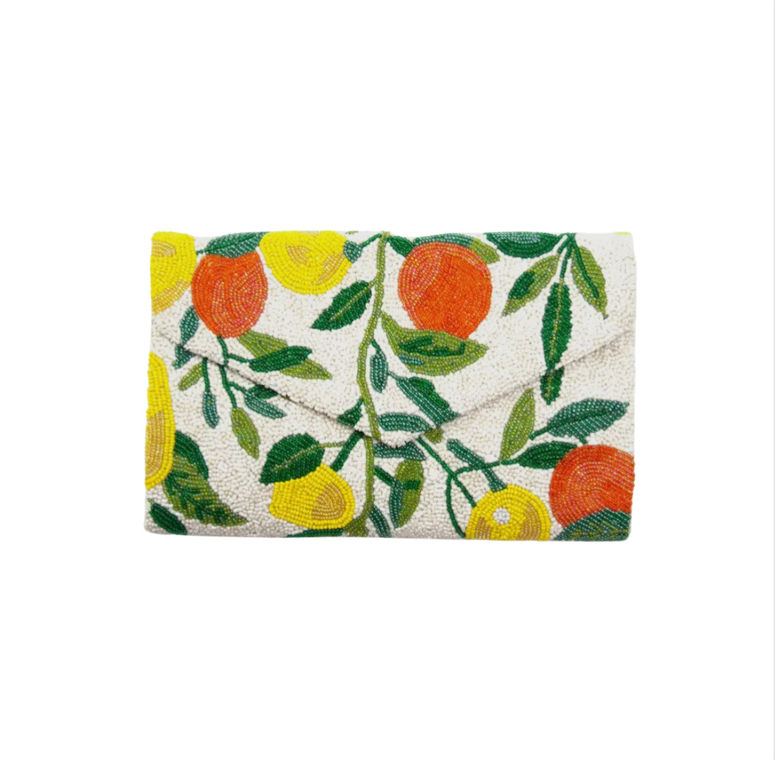 Hand beaded citrus pattern clutch