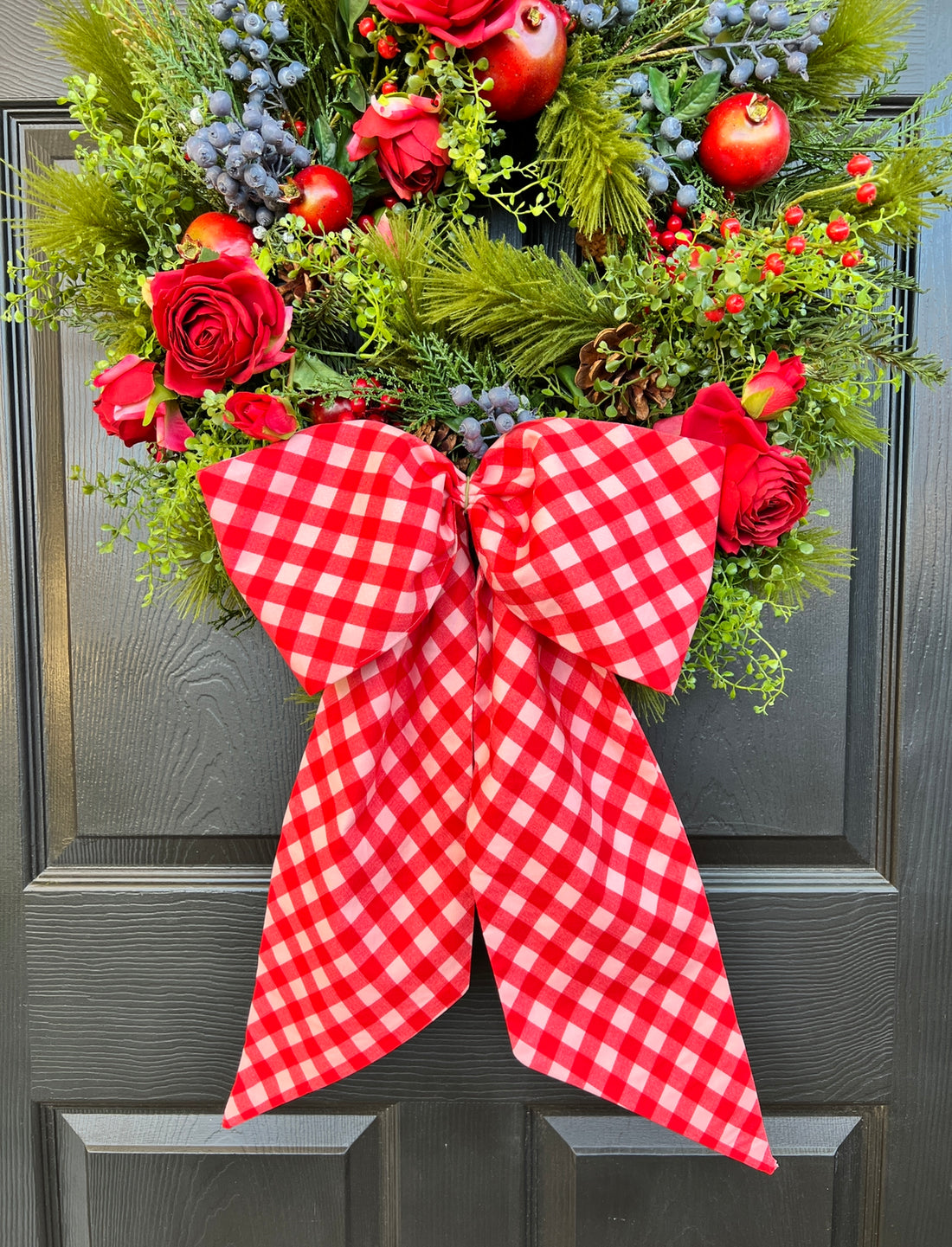 Red and pink bias check wreath sash custom monogram available