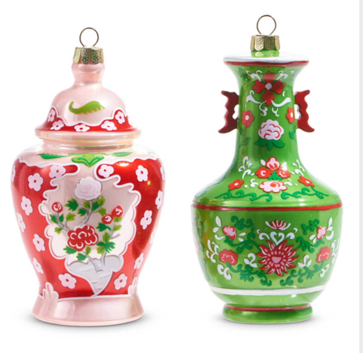 Pink and green chinoiserie jar ornament ornament set of two