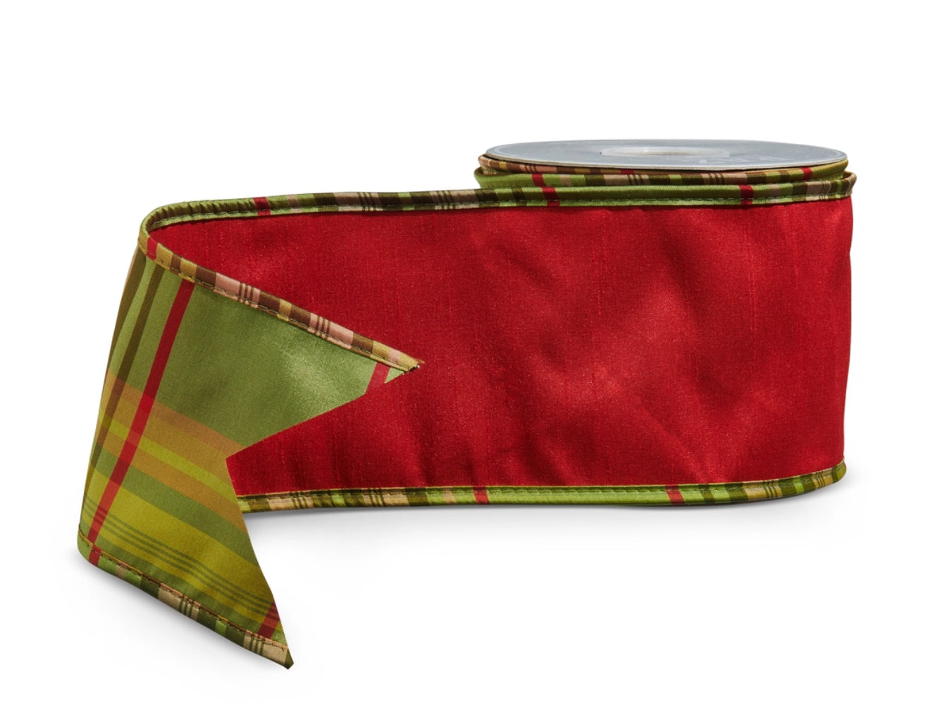 Apple green plaid and red dupioni double sided ribbon by the roll, 4”x10 yards