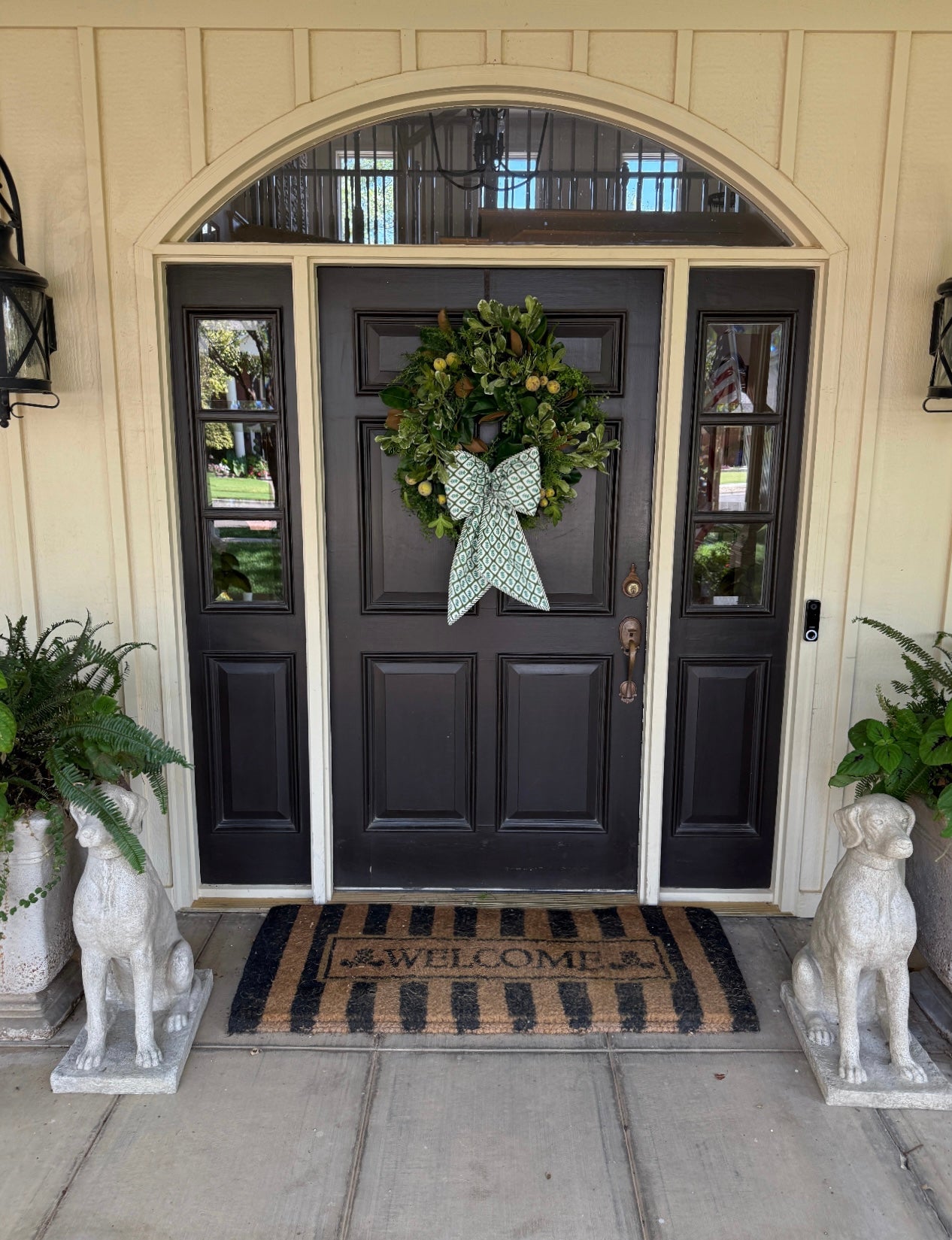 Green block print wreath sash with striped piping