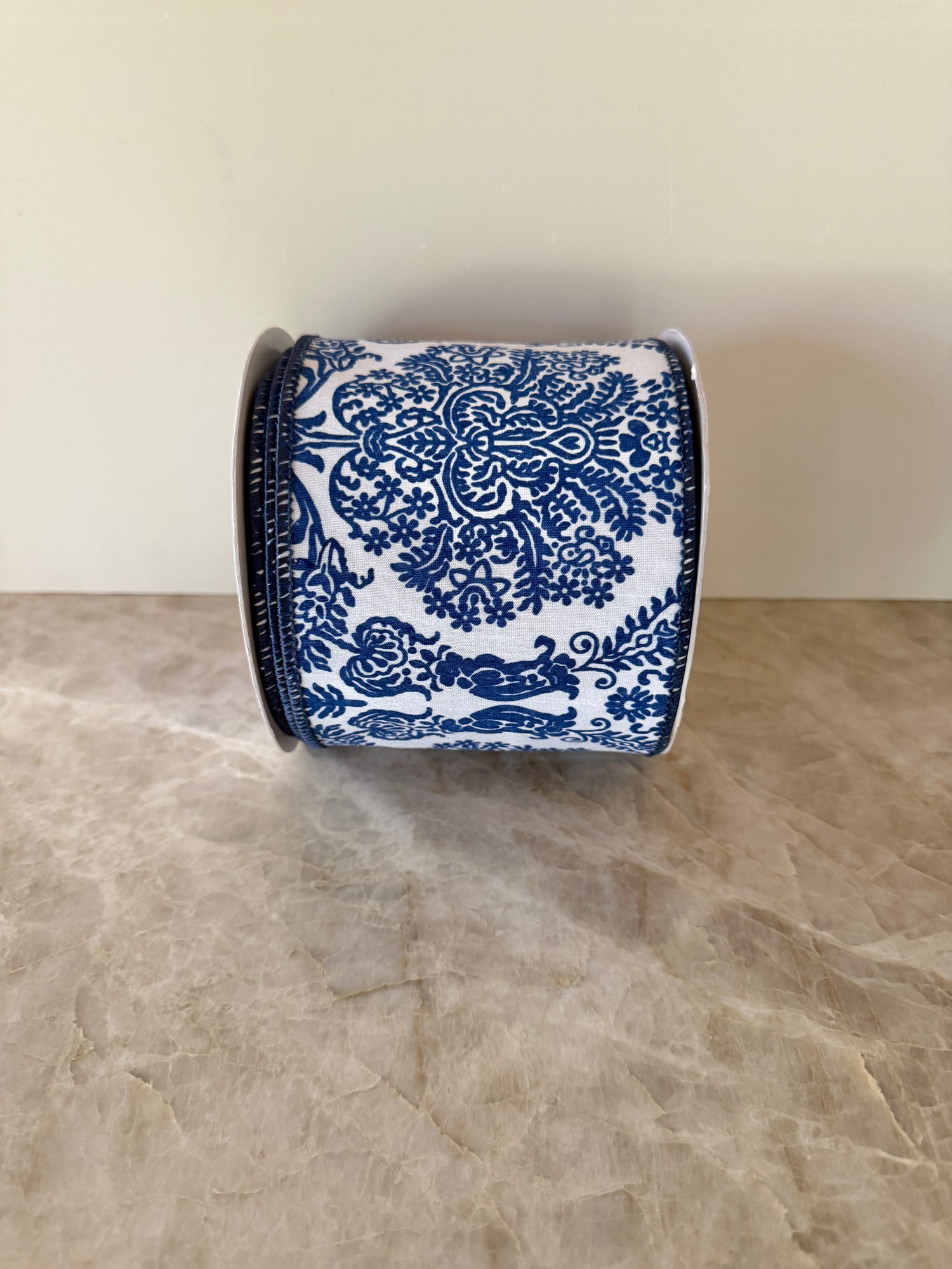 Dark blue and white chinoiserie floral print ribbon by the roll 4” x 10 yards